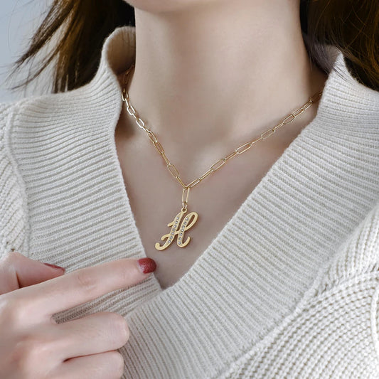 Paperclip Letter Initial Necklace with Crystal