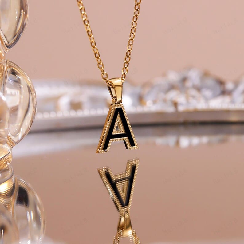 Gold Initial Necklace with Enamelled Pendant