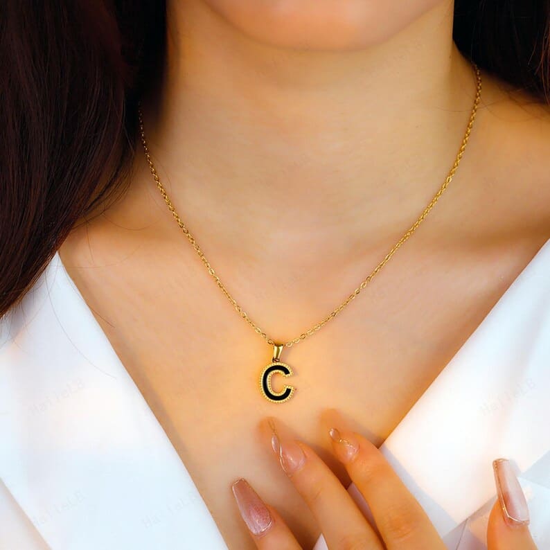 Gold Initial Necklace with Enamelled Pendant