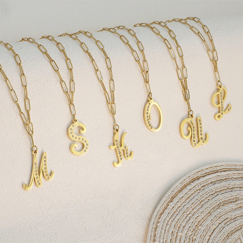 Paperclip Letter Initial Necklace with Crystal