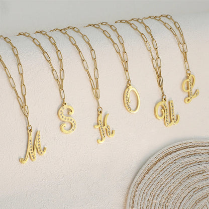 Paperclip Letter Initial Necklace with Crystal